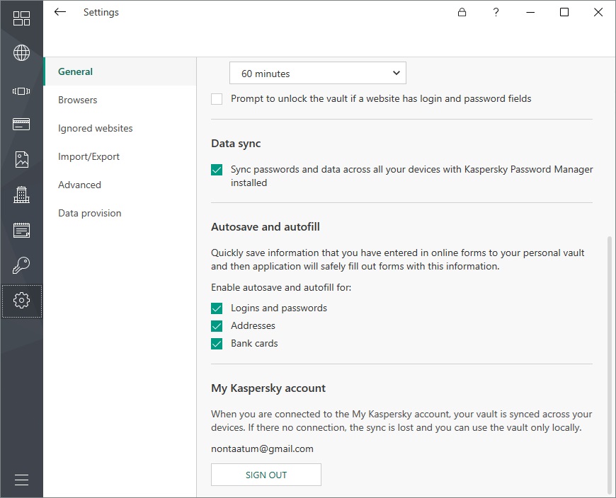 Kaspersky Cloud Password Manager settings